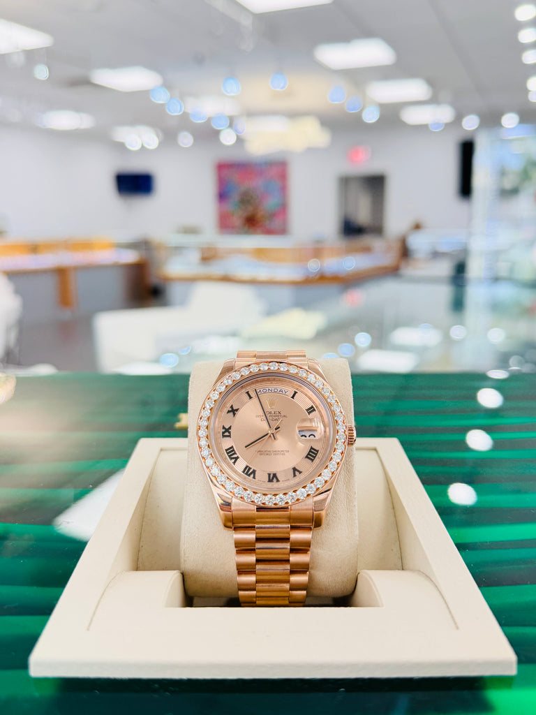 Rolex Day-Date II 218235 41   18k EverRose Concentric Dial  Custom Rose Gold Diamond Bezel   PreOwned - Diamonds East Intl.