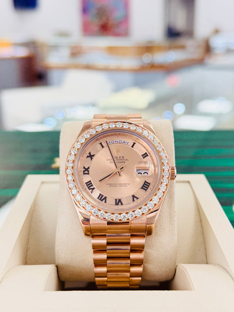 Rolex Day-Date II 218235 41   18k EverRose Concentric Dial  Custom Rose Gold Diamond Bezel   PreOwned - Diamonds East Intl.