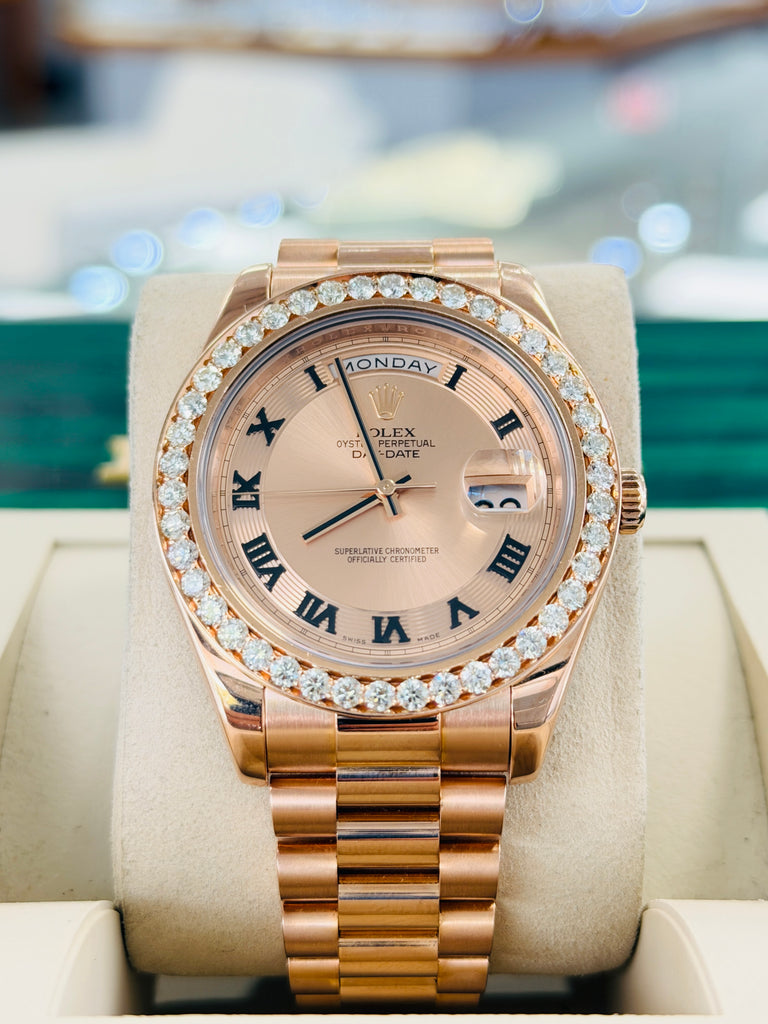 Rolex Day-Date II 218235 41   18k EverRose Concentric Dial  Custom Rose Gold Diamond Bezel   PreOwned - Diamonds East Intl.