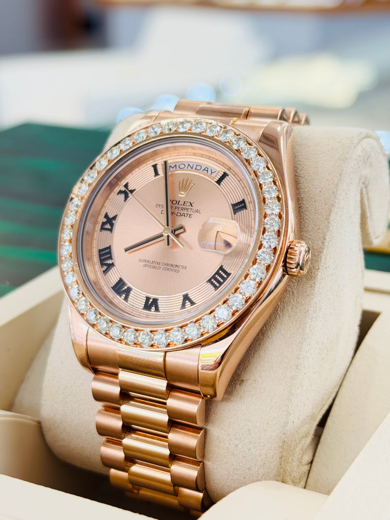 Rolex Day-Date II 218235 41   18k EverRose Concentric Dial  Custom Rose Gold Diamond Bezel   PreOwned - Diamonds East Intl.