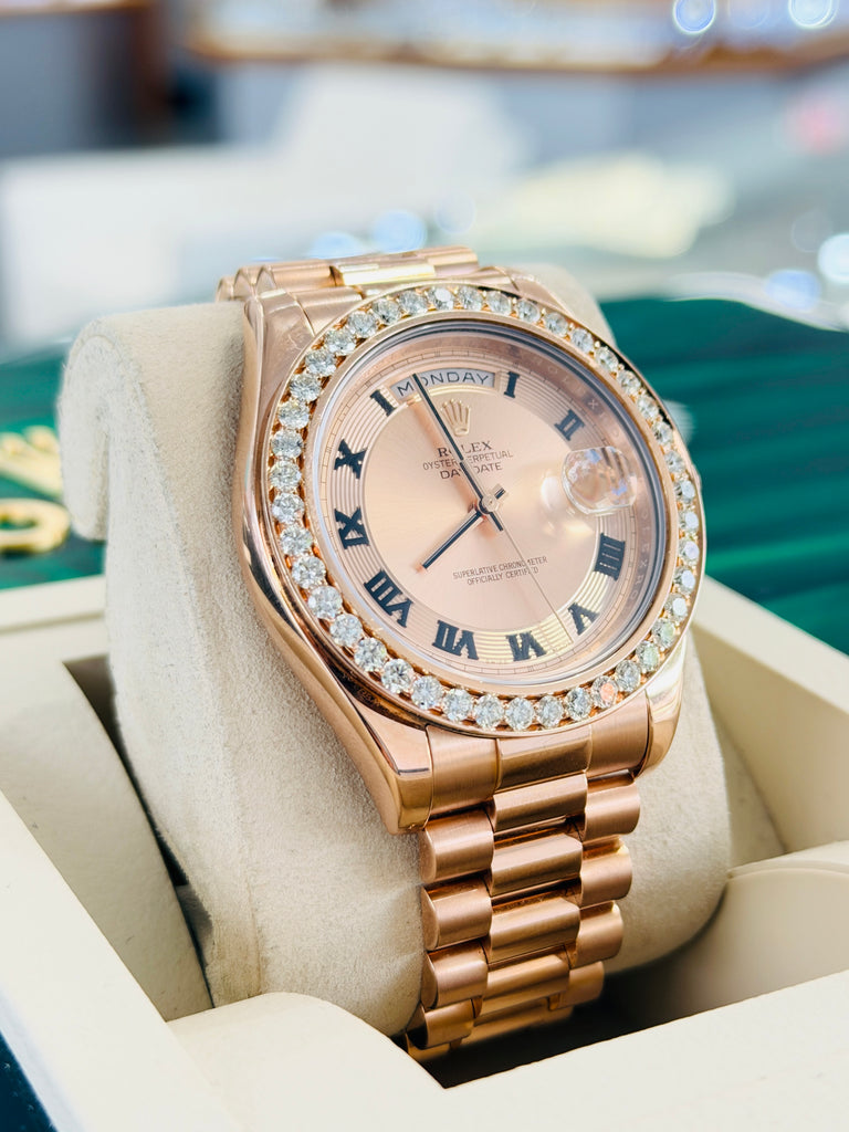 Rolex Day-Date II 218235 41   18k EverRose Concentric Dial  Custom Rose Gold Diamond Bezel   PreOwned - Diamonds East Intl.