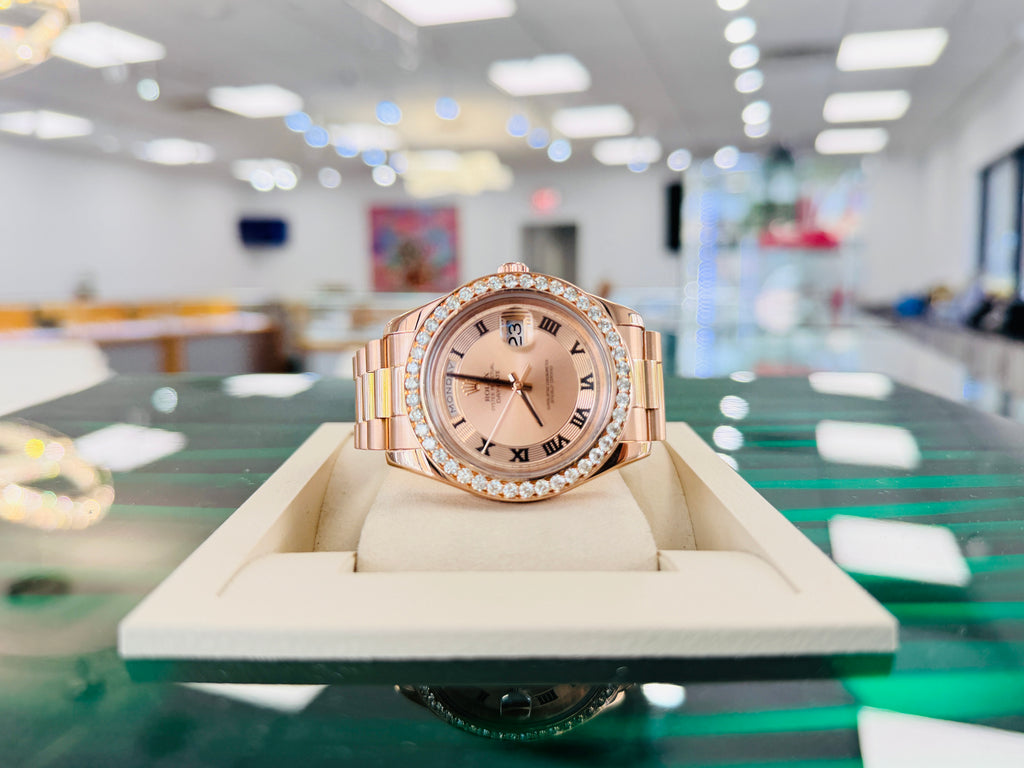 Rolex Day-Date II 218235 41   18k EverRose Concentric Dial  Custom Rose Gold Diamond Bezel   PreOwned - Diamonds East Intl.