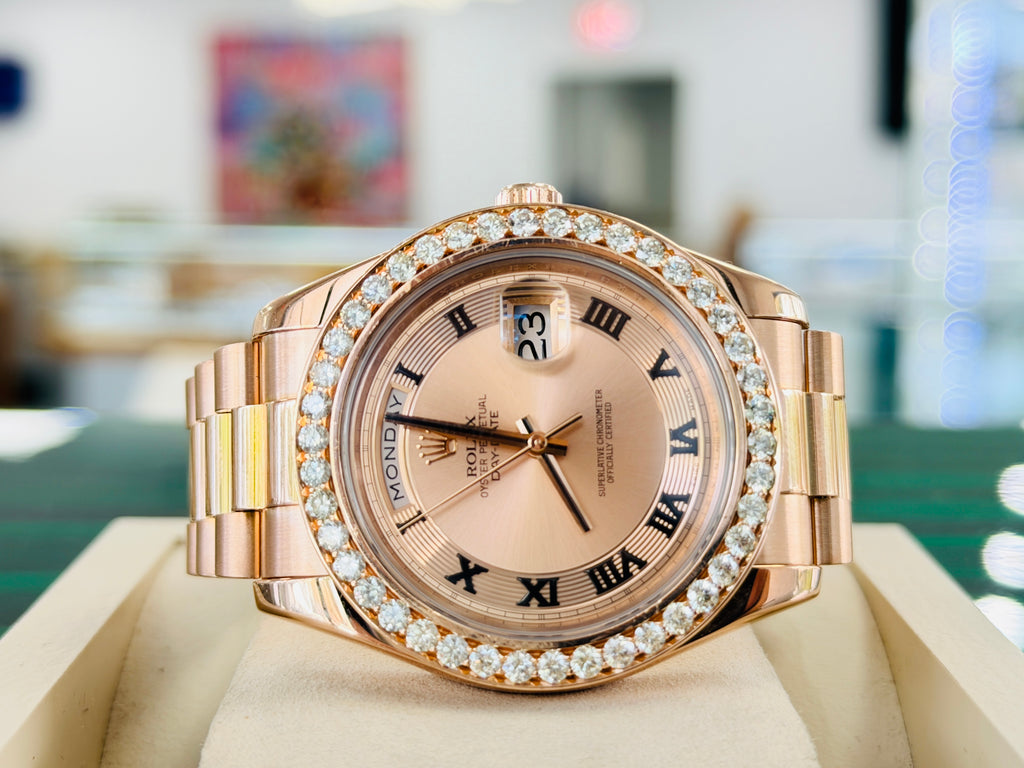 Rolex Day-Date II 218235 41   18k EverRose Concentric Dial  Custom Rose Gold Diamond Bezel   PreOwned - Diamonds East Intl.