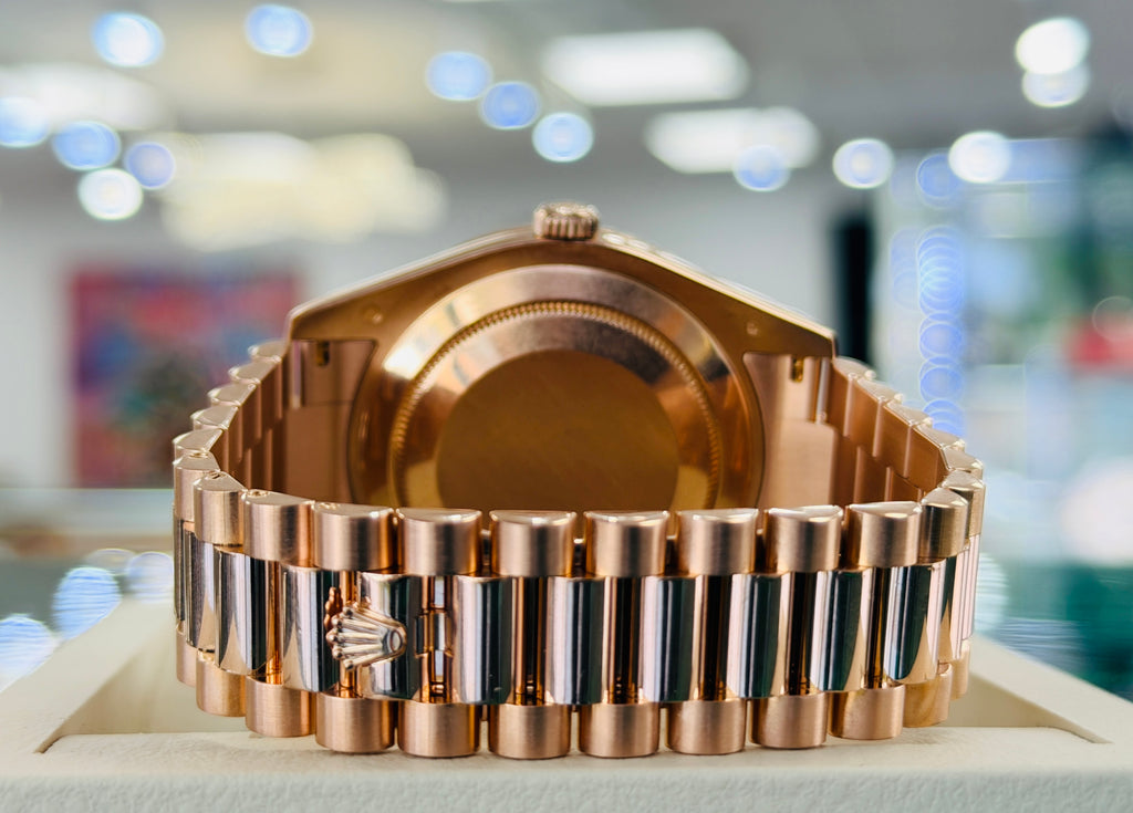 Rolex Day-Date II 218235 41   18k EverRose Concentric Dial  Custom Rose Gold Diamond Bezel   PreOwned - Diamonds East Intl.