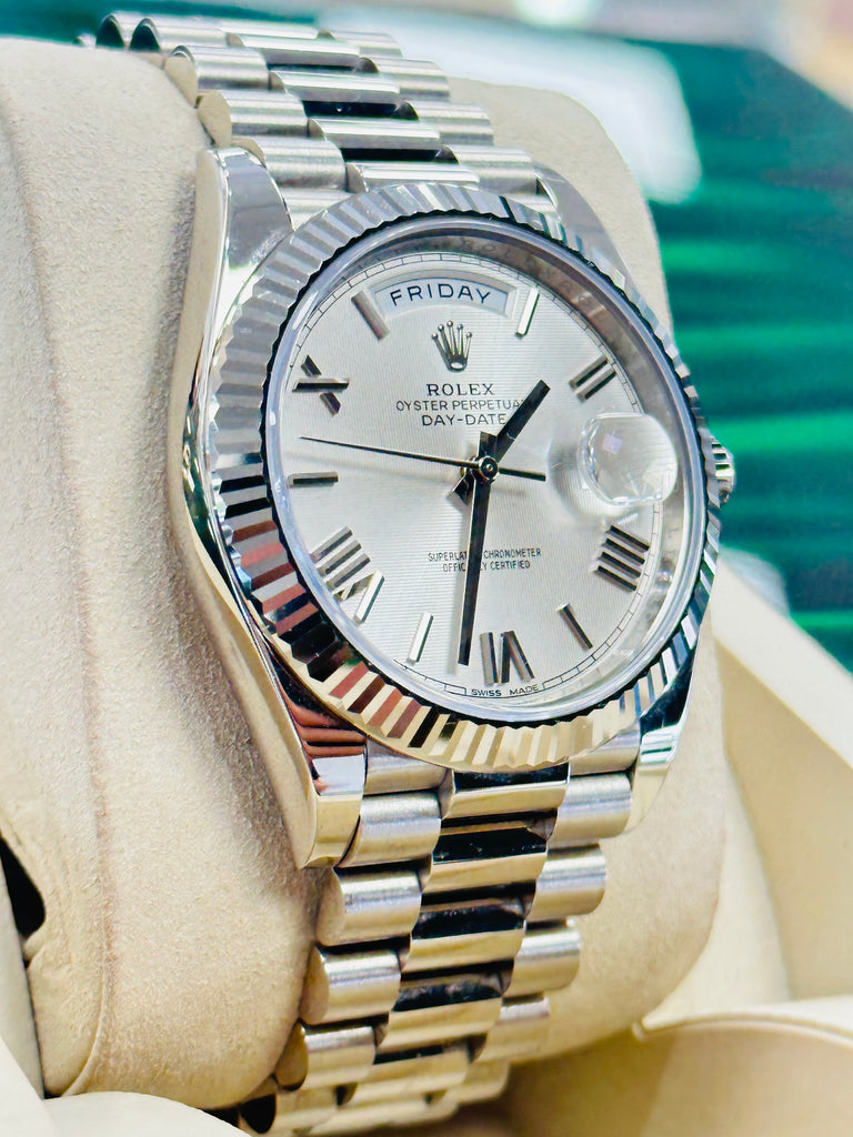 Rolex Day-Date 40mm 228239 White Gold Silver Quadrant Motif Roman Dial Box And Papers - Diamonds East Intl.