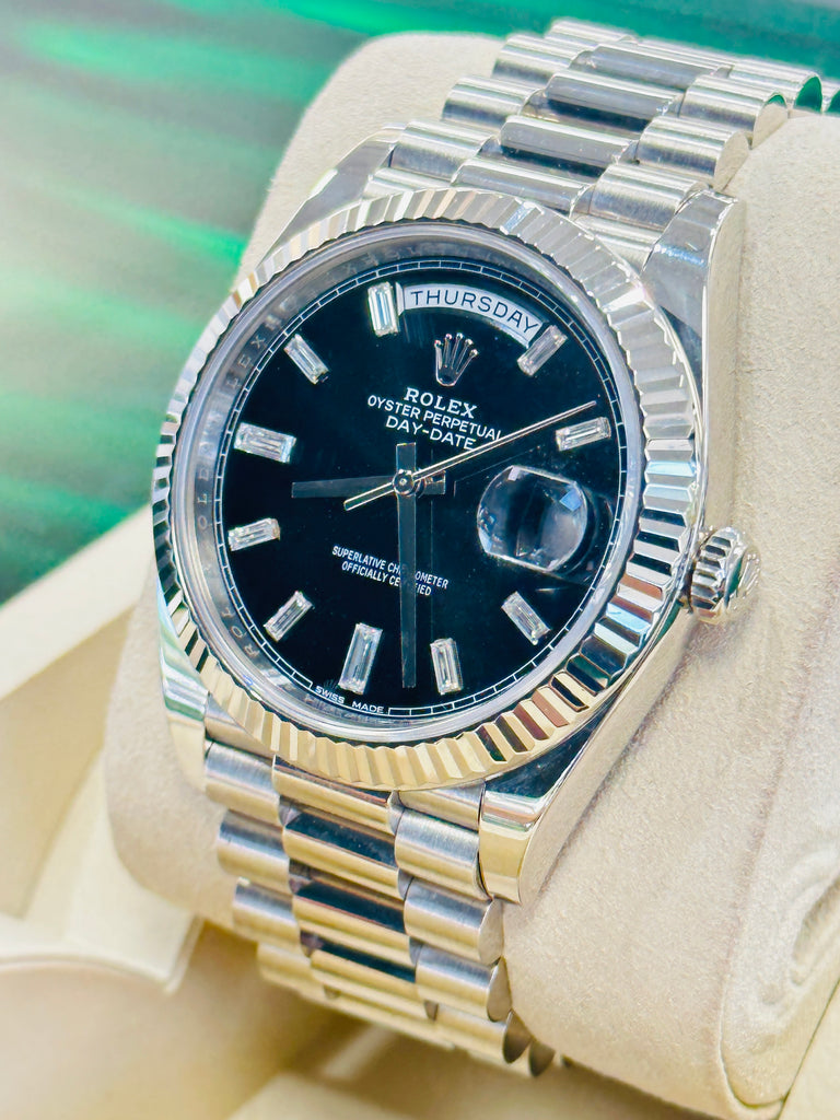 Rolex Day-Date President 18k White Gold 40mm 228239 Factory Diamond Baguettes Dial Watch Box and Papers MINT