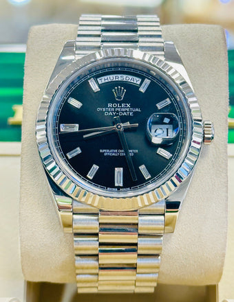 Rolex Day-Date President 18k White Gold 40mm 228239 Factory Diamond Baguettes Dial Watch Box and Papers MINT