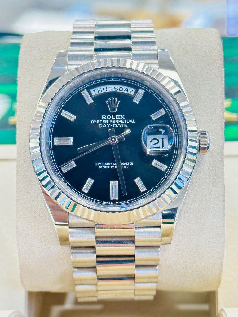 Rolex Day-Date 40mm 228239 Factory Diamond Baguettes Dial Box and Papers preowned - Diamonds East Intl.