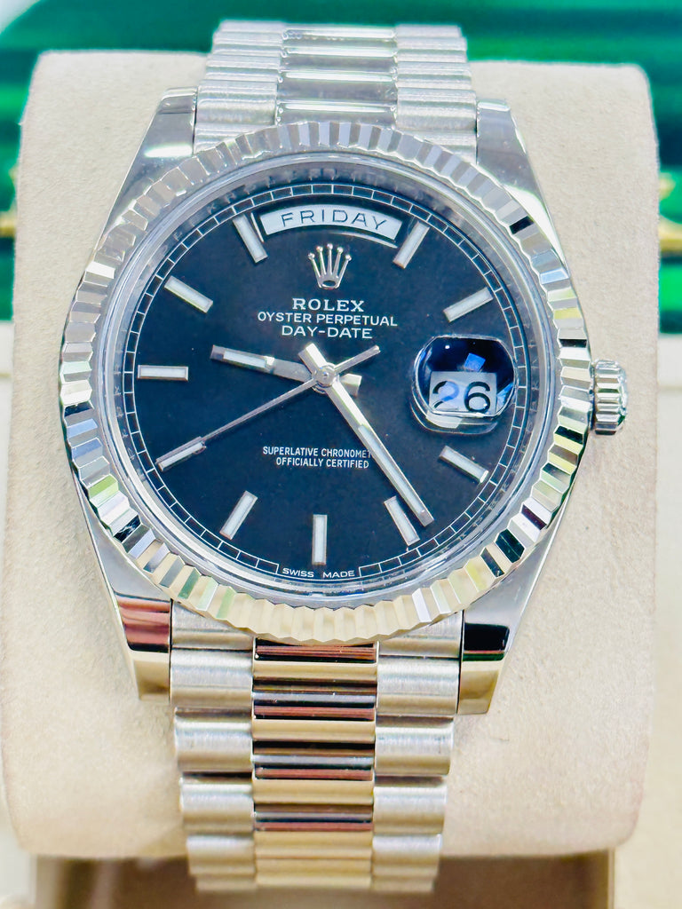 Rolex Day-Date 40 228239 18k White Gold Fluted Bezel Black Index Dial Box and Papers - Diamonds East Intl.