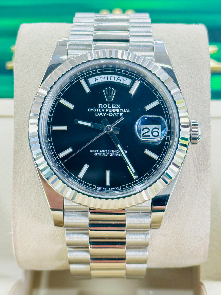 Rolex Day-Date 40 228239 18k White Gold Fluted Bezel Black Index Dial Box and Papers - Diamonds East Intl.