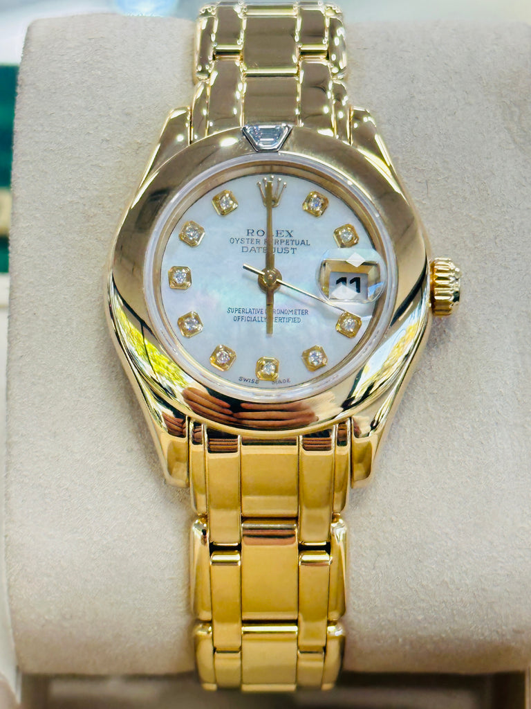 Rolex Lady-Datejust Pearlmaster 18K Yellow Gold 69328 Factory Mother Of Pearl Factory Trapezoid Diamond Bezel MINT