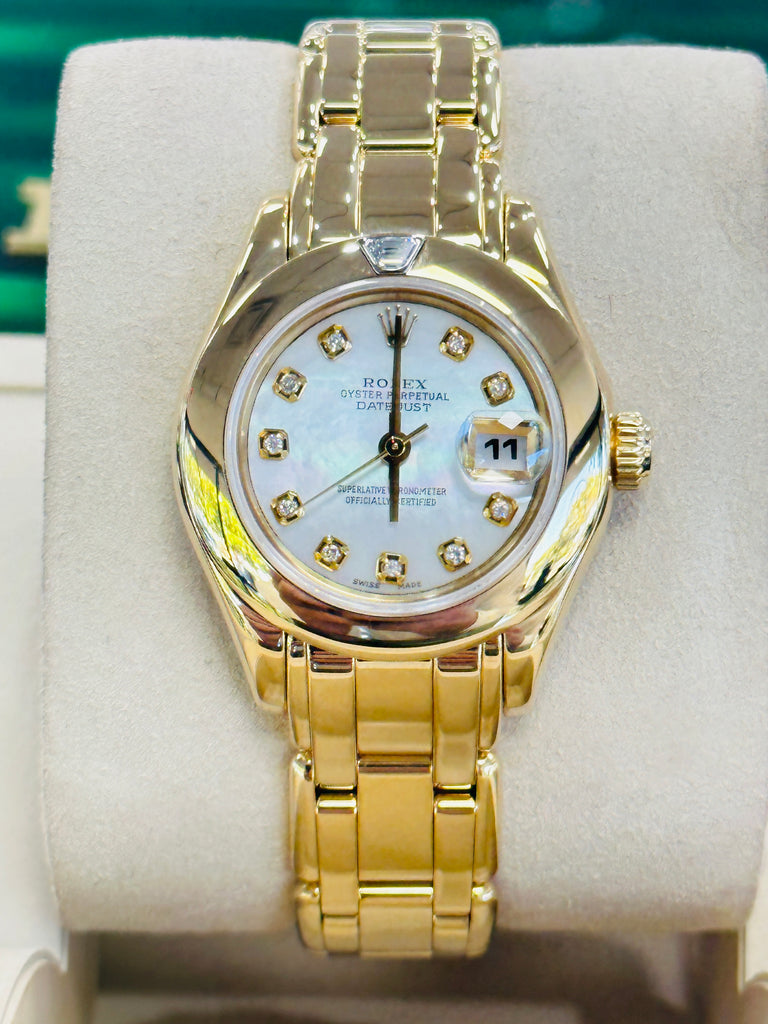 Rolex Lady-Datejust Pearlmaster 18K Yellow Gold 69328 Factory Mother Of Pearl Factory Trapezoid Diamond Bezel MINT - Diamonds East Intl.