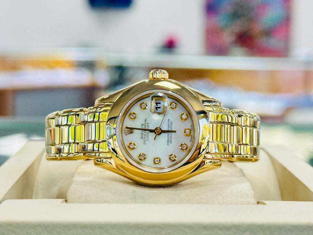 Rolex Lady-Datejust Pearlmaster 18K Yellow Gold 69328 Factory Mother Of Pearl Factory Trapezoid Diamond Bezel MINT - Diamonds East Intl.