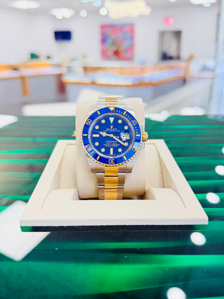 Rolex Submariner Date 116613LB “BLUESY” Factory Flat Blue Serti Diamond Dial Two-Tone Yellow Gold & Steel 40 Box and Papers MINT