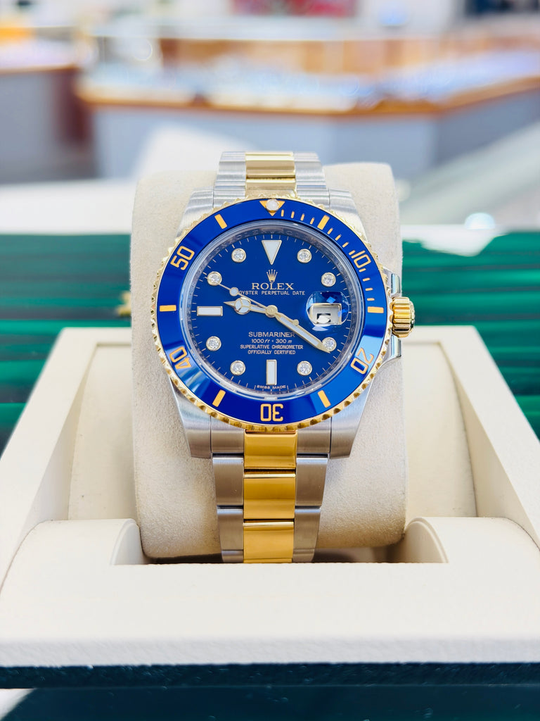 Rolex Submariner Date 116613LB “BLUESY” Factory Flat Blue Serti Diamond Dial Two-Tone Yellow Gold & Steel 40 Box and Papers MINT