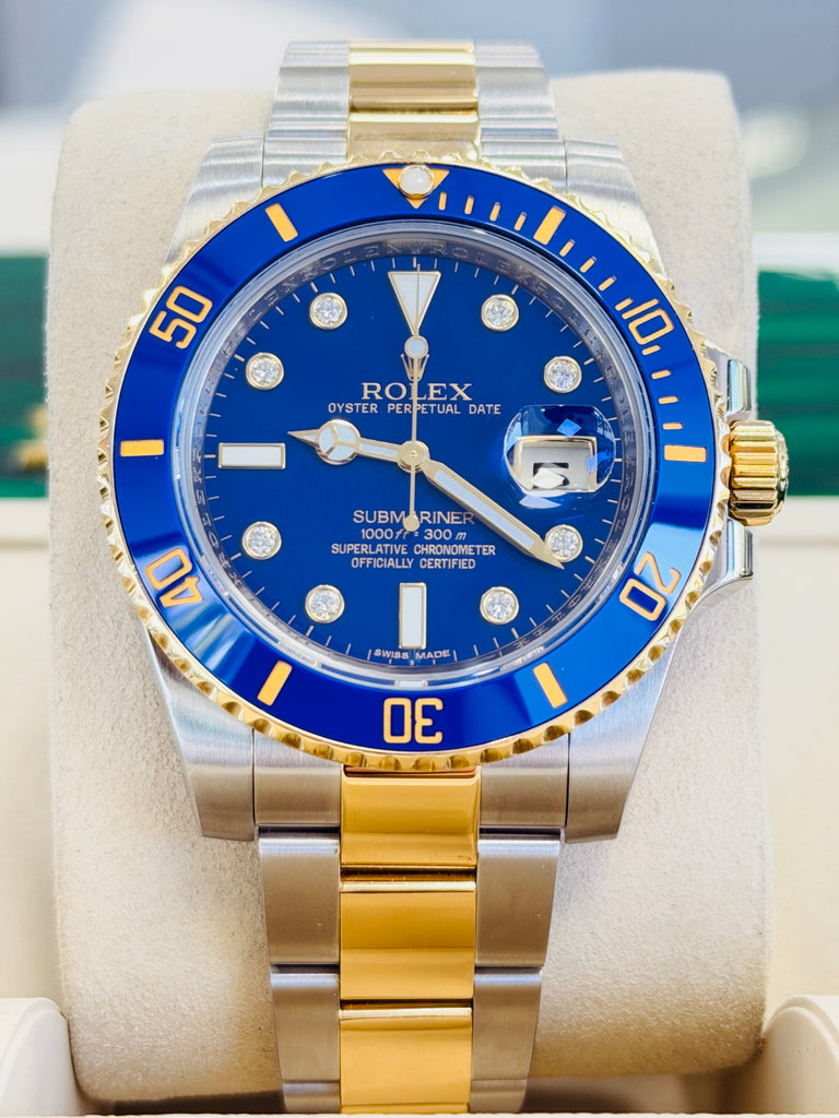 Rolex Submariner Date 116613LB “BLUESY” Factory Flat Blue Serti Diamond Dial Two-Tone Yellow Gold & Steel 40 Box and Papers MINT