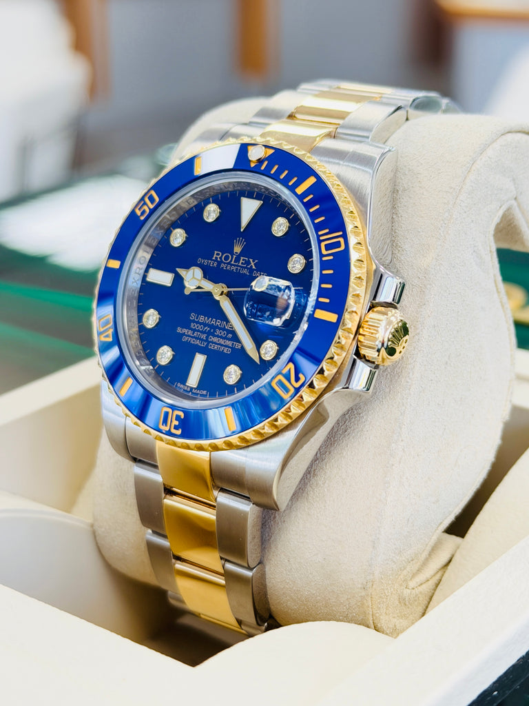 Rolex Submariner Date 116613LB “BLUESY” Factory Flat Blue Serti Diamond Dial Two-Tone Yellow Gold & Steel 40 Box and Papers MINT
