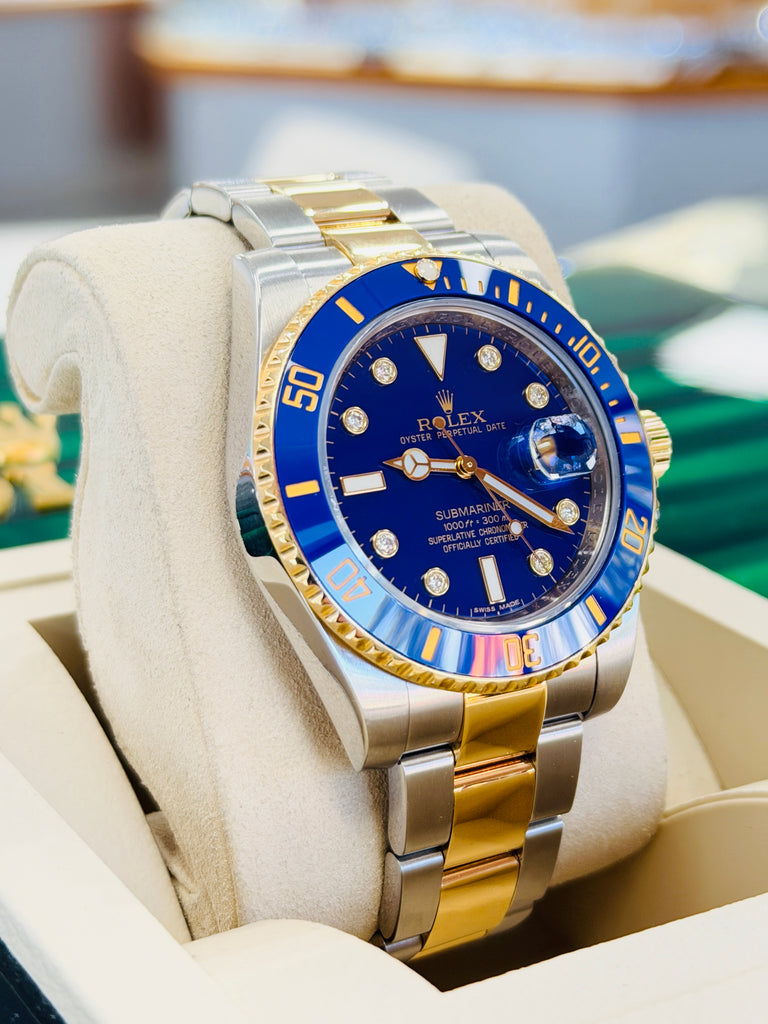 Rolex Submariner Date 116613LB “BLUESY” Factory Flat Blue Serti Diamond Dial Two-Tone Yellow Gold & Steel 40 Box and Papers MINT