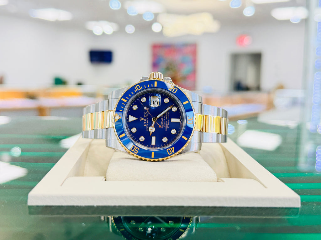 Rolex Submariner Date 116613LB “BLUESY” Factory Flat Blue Serti Diamond Dial Two-Tone Yellow Gold & Steel 40 Box and Papers MINT
