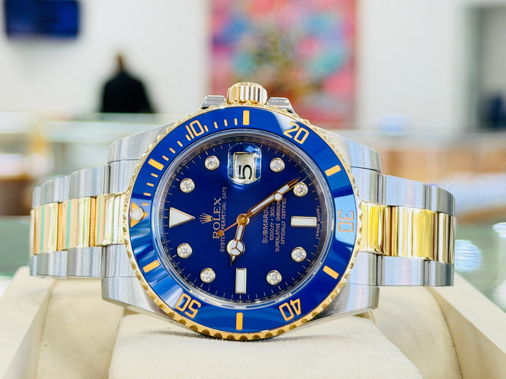Rolex Submariner Date 116613LB “BLUESY” Factory Flat Blue Serti Diamond Dial Two-Tone Yellow Gold & Steel 40 Box and Papers MINT