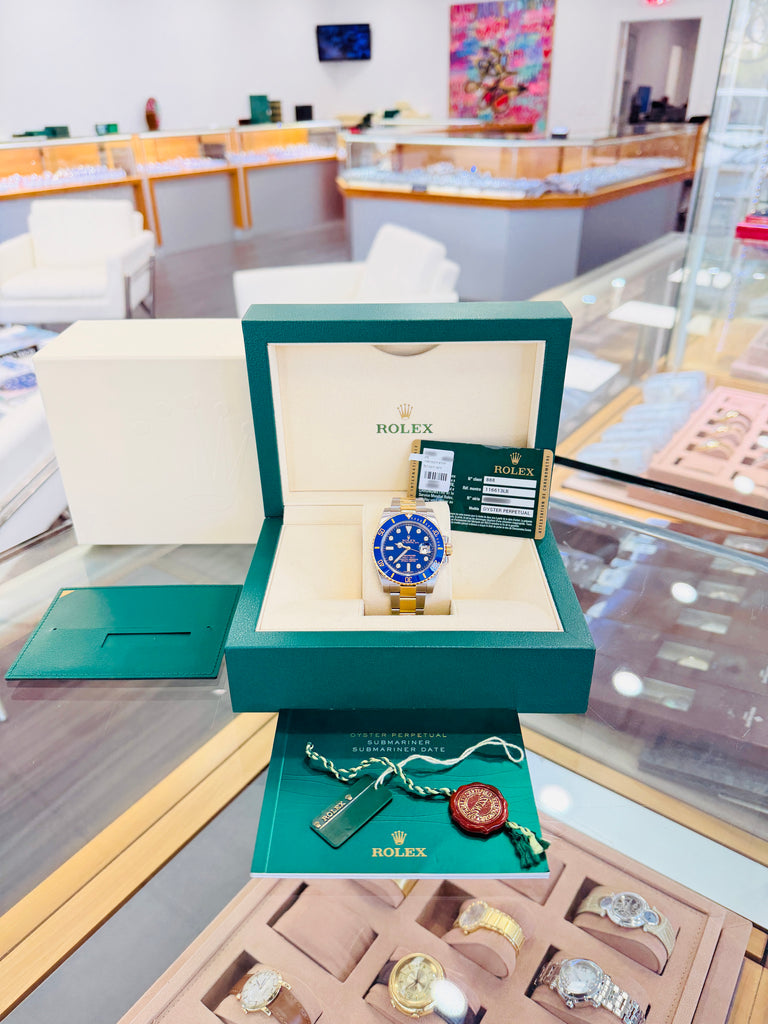 Rolex Submariner Date 116613LB “BLUESY” Factory Flat Blue Serti Diamond Dial Two-Tone Yellow Gold & Steel 40 Box and Papers MINT