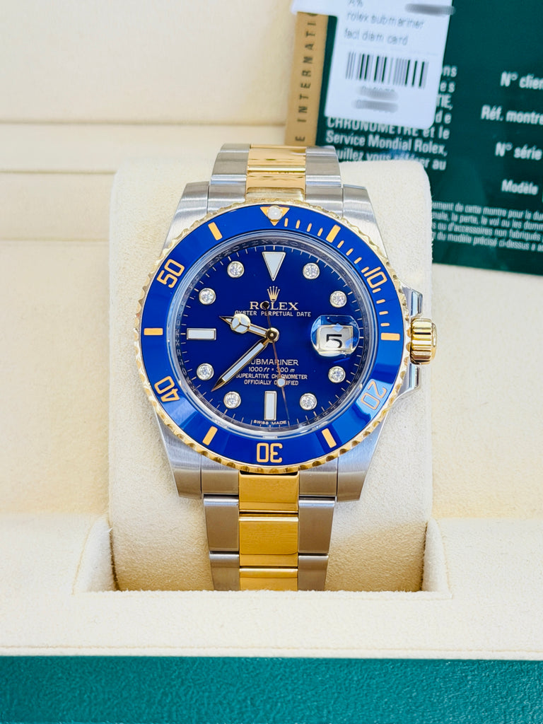 Rolex Submariner Date 116613LB “BLUESY” Factory Flat Blue Serti Diamond Dial Two-Tone Yellow Gold & Steel 40 Box and Papers MINT