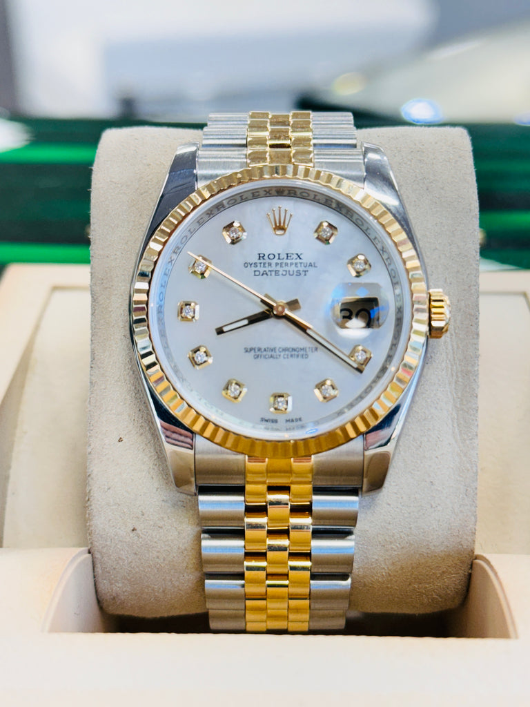 Rolex Datejust 36 116233 Jubilee Stainless & 18K Yellow Gold Custom Diamond Mother Of Pearl Dial MINT