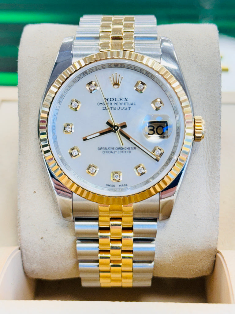 Rolex Datejust 36 116233 Jubilee Stainless & 18K Yellow Gold Custom Diamond Mother Of Pearl Dial MINT