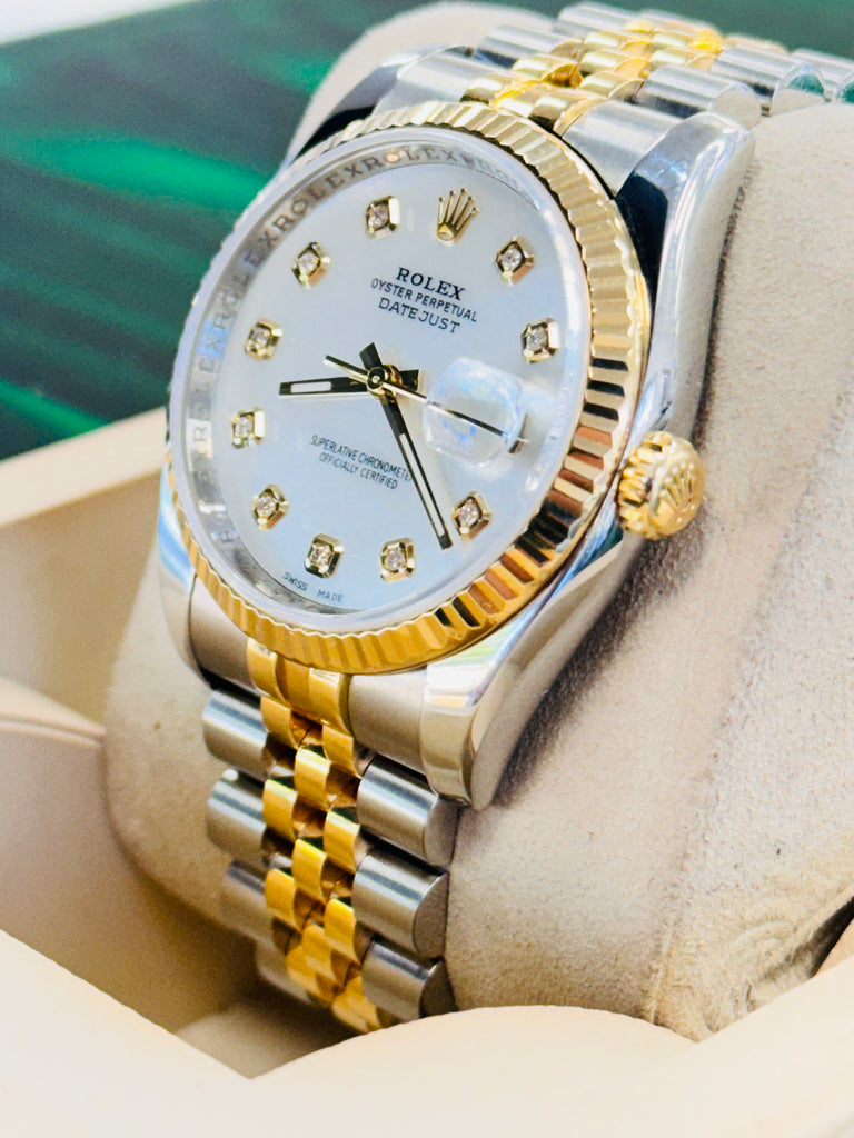 Rolex Datejust 36 116233 Jubilee Stainless & 18K Yellow Gold Custom Diamond Mother Of Pearl Dial MINT