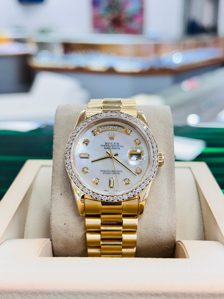 Rolex Day-Date 36 18238 Custom Diamond Mother Of Pearl Dial & Diamond Bezel Double Quick set MINT