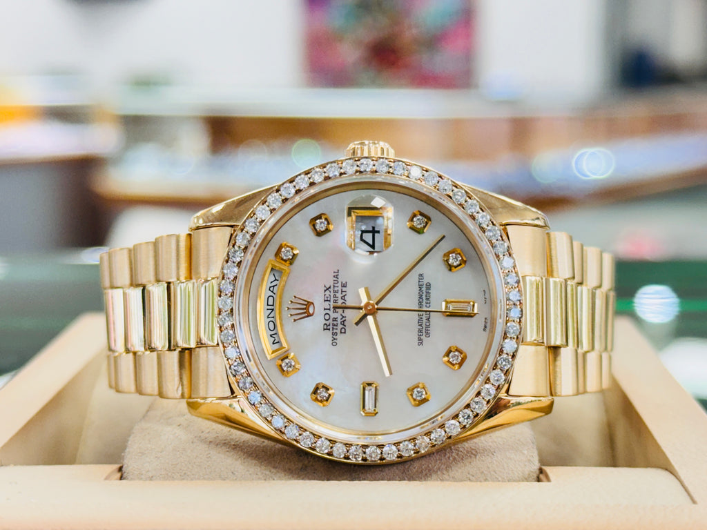 Rolex Day-Date 36 18238 Custom Diamond Mother Of Pearl Dial & Diamond Bezel Double Quick set MINT