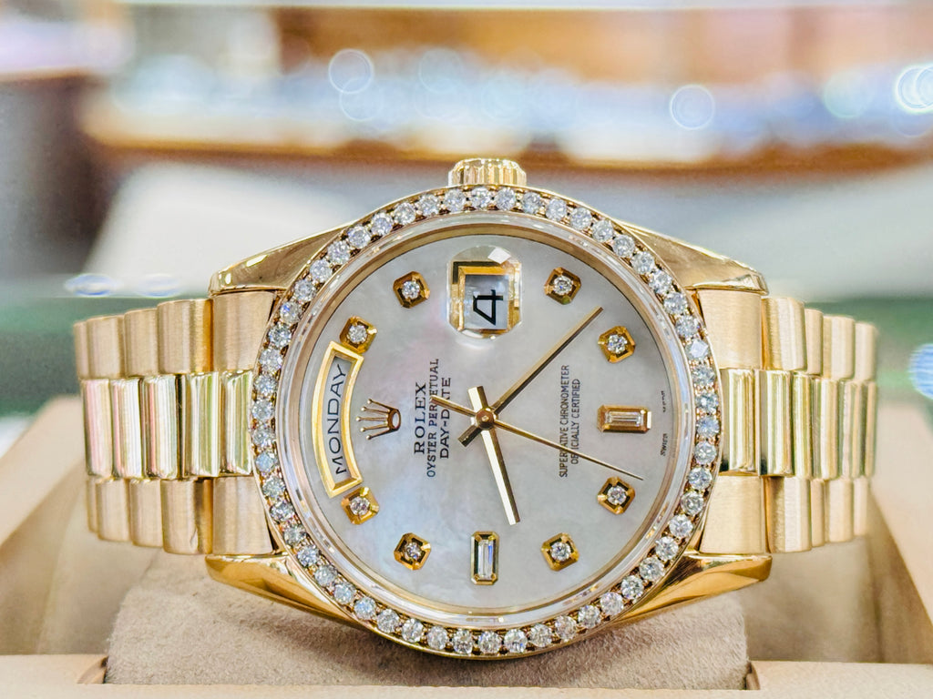 Rolex Day-Date 36 18238 Custom Diamond Mother Of Pearl Dial & Diamond Bezel Double Quick set MINT