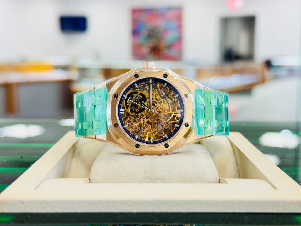 Audemars Piguet Royal Oak 37 15467OR.OO.1256OR.02  Double Balance Wheel Openworked Rose Gold Purple Inner Bezel  Box and Papers Unworn - Diamonds East Intl.