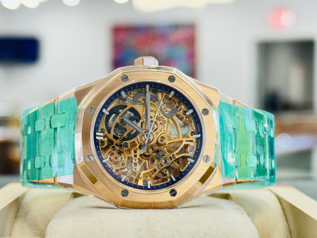 Audemars Piguet Royal Oak 37 15467OR.OO.1256OR.02  Double Balance Wheel Openworked Rose Gold Purple Inner Bezel  Box and Papers Unworn - Diamonds East Intl.