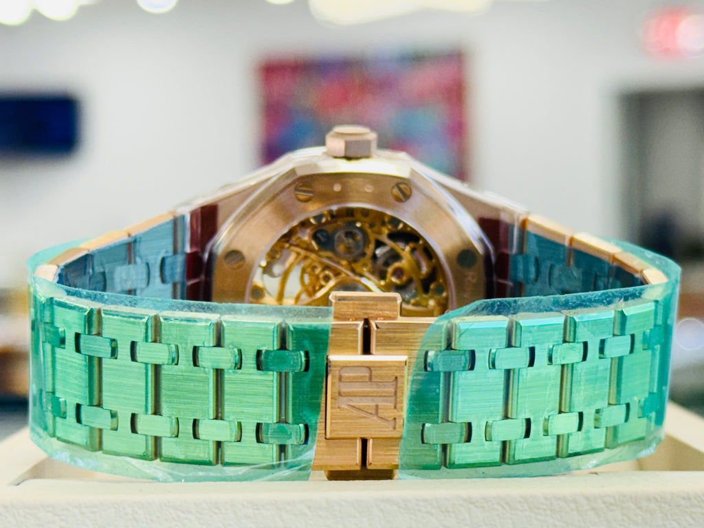 Audemars Piguet Royal Oak 37 15467OR.OO.1256OR.02  Double Balance Wheel Openworked Rose Gold Purple Inner Bezel  Box and Papers Unworn - Diamonds East Intl.