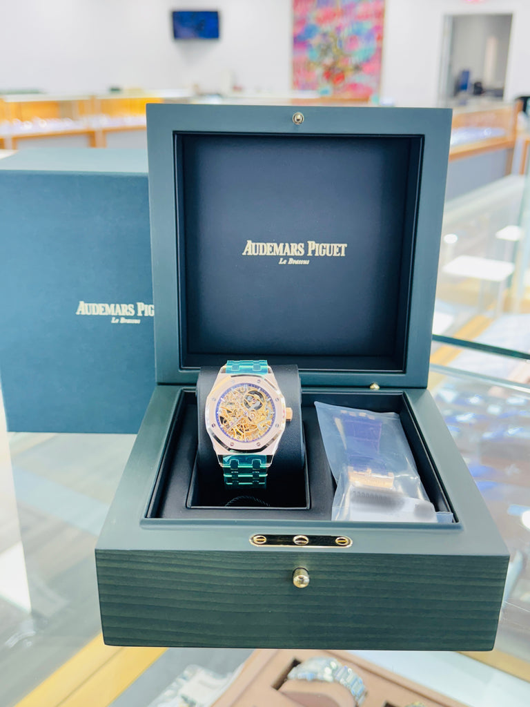 Audemars Piguet Royal Oak 37 15467OR.OO.1256OR.02  Double Balance Wheel Openworked Rose Gold Purple Inner Bezel  Box and Papers Unworn - Diamonds East Intl.