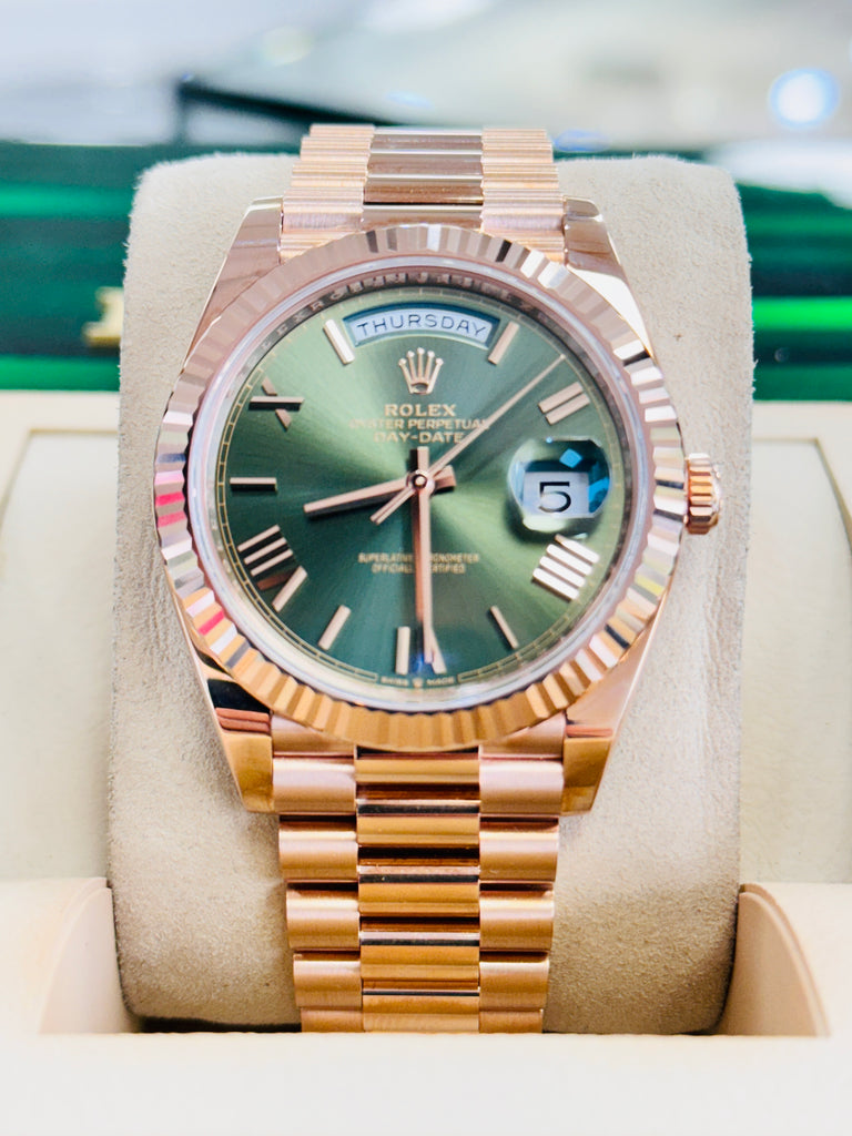 Rolex Day-Date 40 228235 Olive Green President Rose Gold Box and Papers Unworn