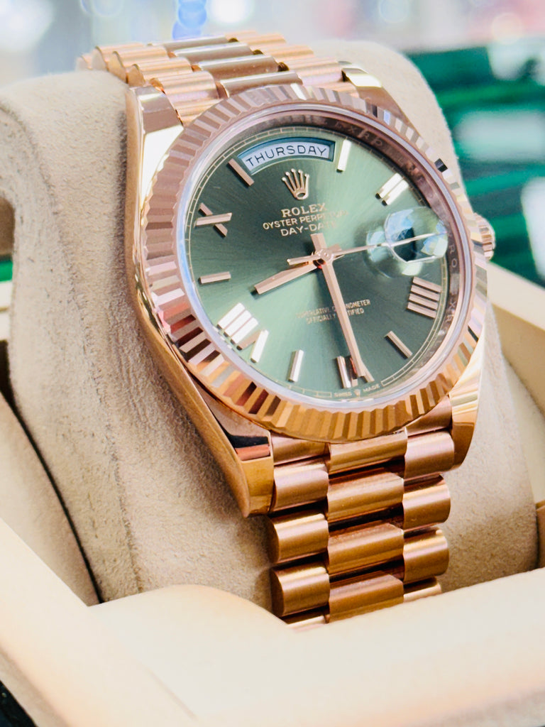 Rolex Day-Date 40 228235 Olive Green President Rose Gold Box and Papers Unworn