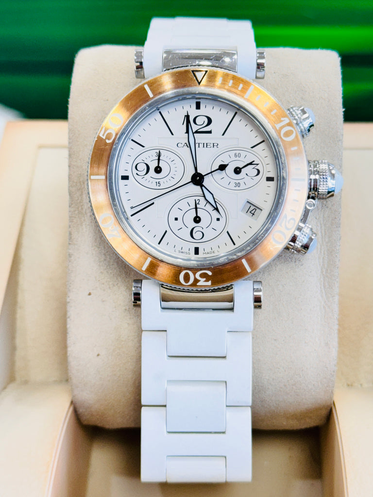 Cartier Pasha Seatimer W3140004 37mm SS & Rose Gold White Dial White Strap 