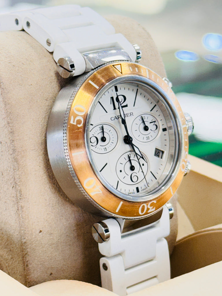 Cartier Pasha Seatimer W3140004 37mm SS & Rose Gold White Dial White Strap 