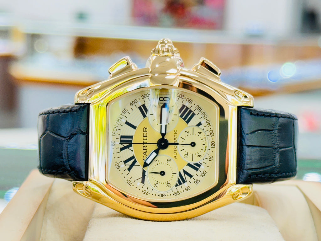 Cartier Roadster XL 2619 Chronograph 18k Yellow Gold On Leather Men s Watch MINT Diamonds East Intl