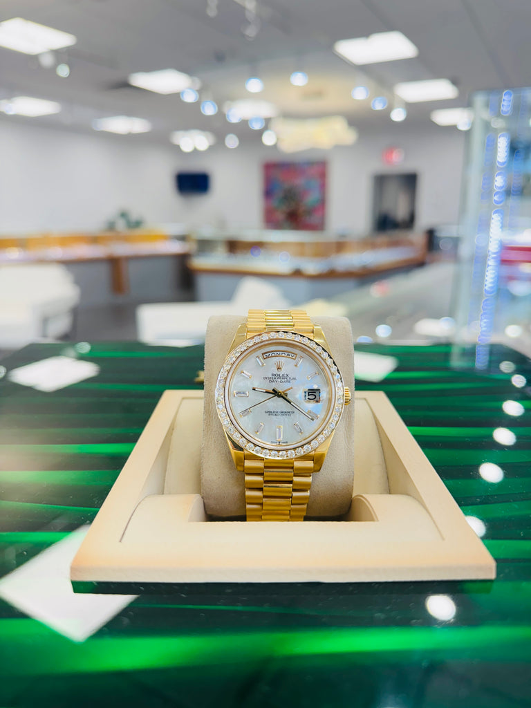Rolex DayDate 40 228238  Custom Diamond Mother oF Pearl Dial Custom Natural Diamond Bezel  Box and Paper MINT