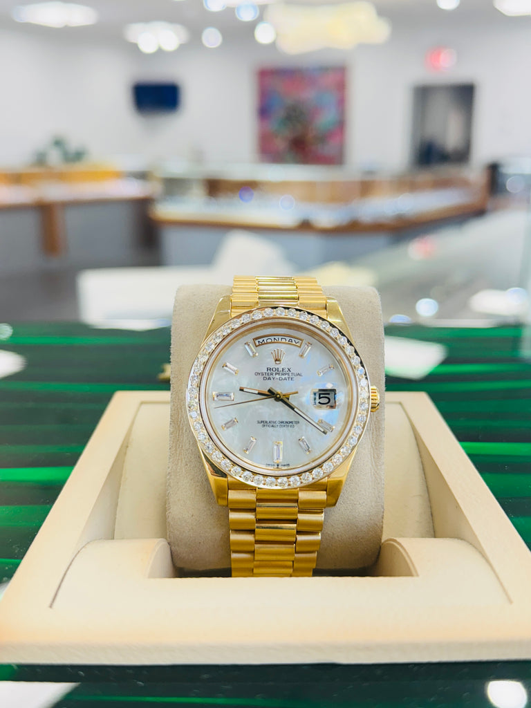 Rolex DayDate 40 228238  Custom Diamond Mother oF Pearl Dial Custom Natural Diamond Bezel  Box and Paper MINT