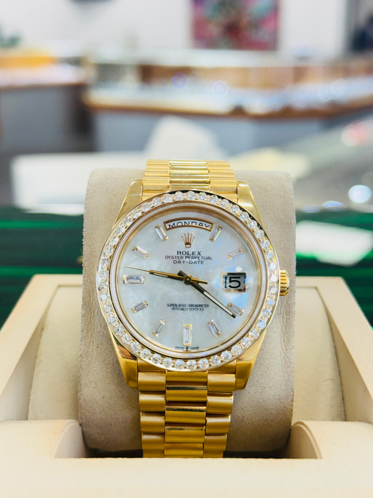 Rolex DayDate 40 228238  Custom Diamond Mother oF Pearl Dial Custom Natural Diamond Bezel  Box and Paper MINT