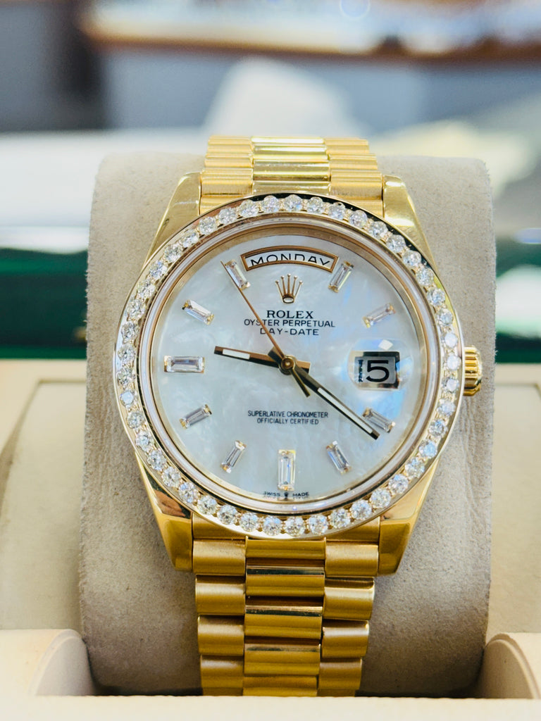 Rolex DayDate 40 228238  Custom Diamond Mother oF Pearl Dial Custom Natural Diamond Bezel  Box and Paper MINT