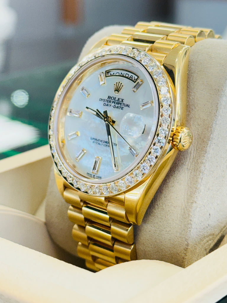 Rolex DayDate 40 228238  Custom Diamond Mother oF Pearl Dial Custom Natural Diamond Bezel  Box and Paper MINT