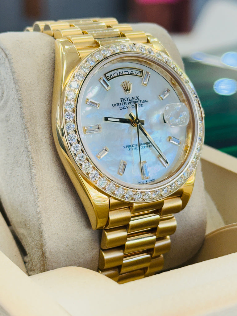Rolex DayDate 40 228238  Custom Diamond Mother oF Pearl Dial Custom Natural Diamond Bezel  Box and Paper MINT