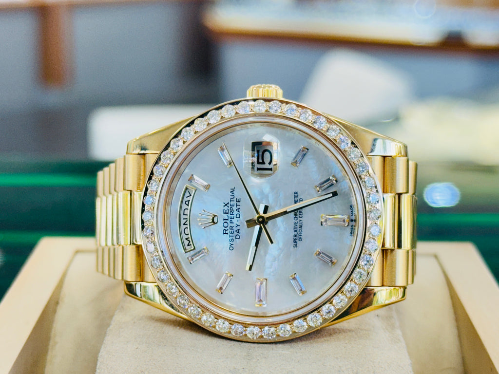 Rolex DayDate 40 228238  Custom Diamond Mother oF Pearl Dial Custom Natural Diamond Bezel  Box and Paper MINT