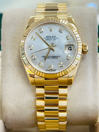 Rolex Datejust 31 178278  Ladies Presidential Yellow Gold Factory Diamond Mother of Pearl Diamond Dial  Box and Papers MINT