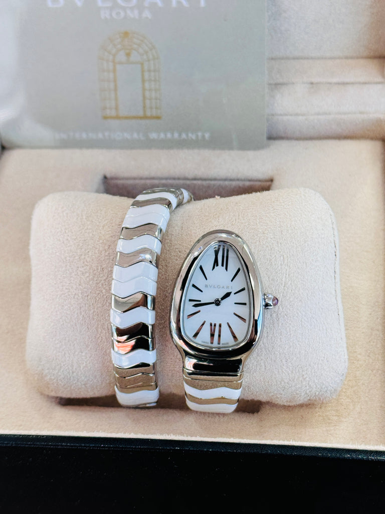 SERPENTI SPIGA 102182  STAINLESS STEEL & WHITE CERAMIC Box and Papers MINT